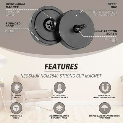 Neosmuk Black Magnets with Screws,60lbs+ Heavy Duty Rare Earth 4 Pack - color: Black, size: 60 lb
