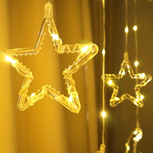 15.7 FT Star Moon Curtain String Lights Bedroom, 115 LED Ramadan Fairy Twinkle Light Window, 8 Lighting Modes Timer Memory, Wall Backdrop Room Holiday Indoor Outdoor Christmas Decoration, USB Operated