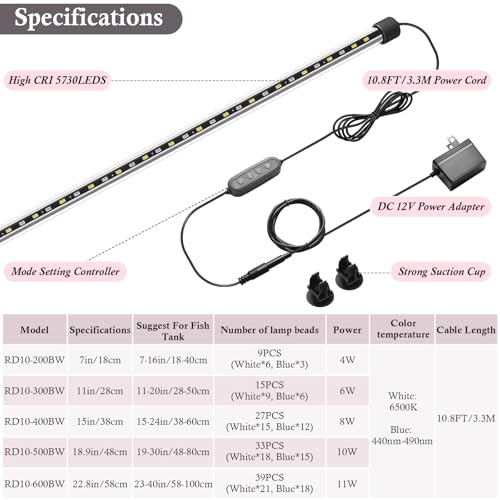 Dirvin LED Fish Tank Light with Timer, 24/7 Mode & 3 Color Aquarium Light | Submersible Adjustable Brightness, IP68 Waterproof, Sunrise-Daylight-Moonlight, Auto On/Off for fresh and salt water, 10W - size: 18.9in