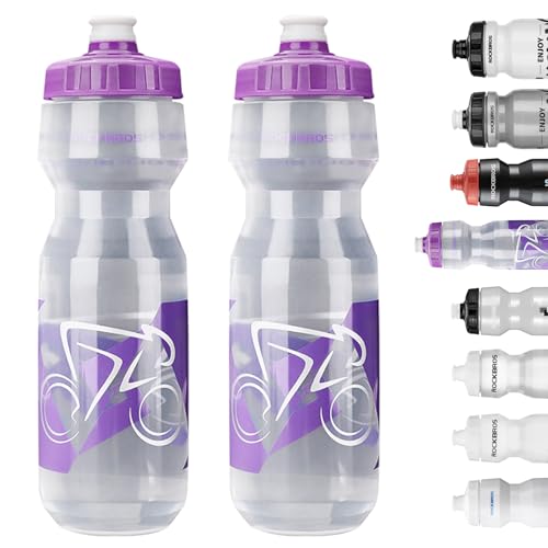 ROCKBROS Bike Water Bottle 20oz-25oz Squeeze Cycling Water Bottle BPA Free Leak Proof Sports Water Bottle with Dust Cover for Bicycle Running Gym Outdoor - color: 25oz Purple Transparent, style: 2 Pack