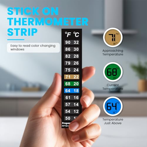 Stick On Thermometer Strip for Fish Tank, Aquarium Thermometer, Kombucha, Beer & Wine Fermentation - Vertical Temperature Strips w/Color-Changing Display, 50–90°F (10–32°C) (5-Pack)