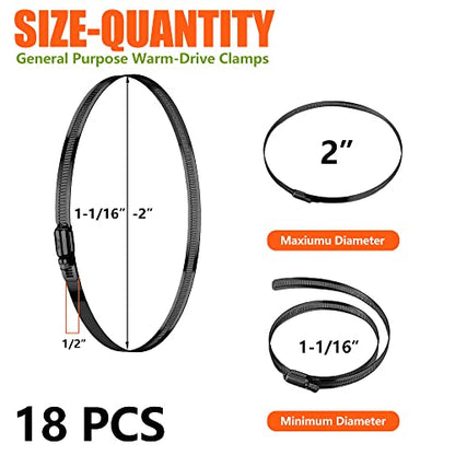 BOTTEN 18pcs Black Hose Clamp,1-1/16" - 2"(27-51mm) 304 Hose Clamps Stainless Steel Adjustable Worm Gear Hose Clamps Assortment Kit,radiator hose clamps fuel line clamps - size: 1-1/16''–2''