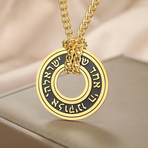 TEAMER Shema Yisrael Necklace Jewish Prayer Hear O Necklace Stainless Steel Hebrew Pendant Religious Vintage Jewelry for Men Women - style: Gold Chain
