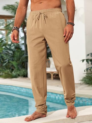 Runcati Mens Kaftan Thobe Pants Cotton Muslim Trousers Summer Kurta Pants - color: Light Khaki, size: Large
