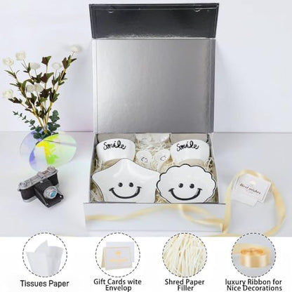 UoeRing 2 Pcs Silvery Gift Box Large 11.5x8x4 Inch with Magnetic Lid | Collapsible Luxury Present Box,for Birthday,Christmas Holiday Gift Includes Card,Ribbon,Tissue Paper & Shredded Filler - color: 13.5x11.8x4.7 Inch-SilveryPack of 2