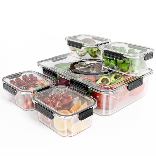 LOTKEY 5 Pack Fruit Storage Containers for Fridge, Divided Serving Tray with Lid and Handle Portable Snack Box Container BPA-Free Fridge Organizer Bins for Fruit, Veggie, Snack, Nuts