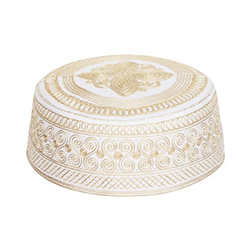 SIQITECHNO Men Muslim Prayer Kufi Hat Embroidered Kofia Topi Islam Kufi Hat Arab Hajj Mosque Prayer Headwear Ramadan Eid - color: Yellow+white