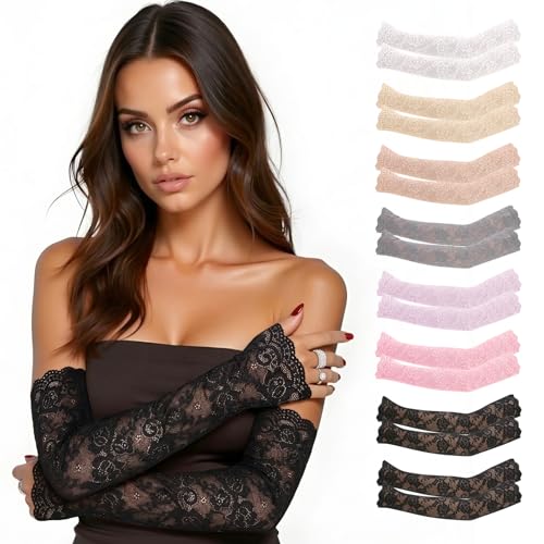 JATEBI 8 Pairs Women Lace Arm Sleeves, Floral Lace Hollow Arms Cover Elegant Long Fingerless Gloves for Wedding Tea Party