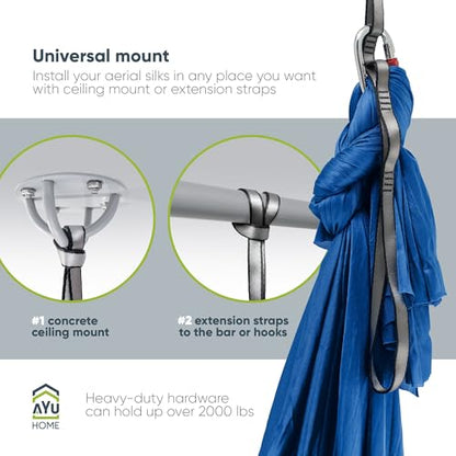 AyuHome Aerial Silks Kit for Home - Premium Yoga Swing for Adults with 660 lbs Capacity - Versatile Aerial Yoga Hammock for Gymnastics Training - color: Aerial silk - Precious Blue - New