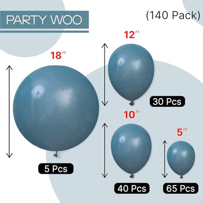 PartyWoo 슬레이트 블루 풍선 140피스 다양한 사이즈 팩 45.7cm(18인치), 30.5cm(12인치), 25.4cm(10인치), 12.7cm(5인치), 네이비 더스티 블루 보헤미안 뉴트럴 풍선 아치 키트, 베이비 샤워, 졸업식, 정글, 바다 생일 파티 장식, 블루-F36 - color: 블루-f36