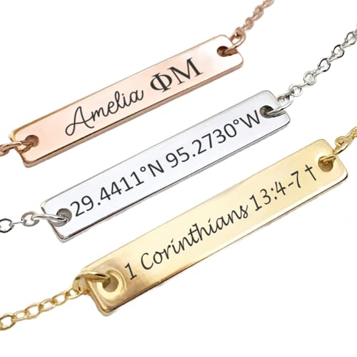 Name Bar Jewelry special Custom Engraved Bar Necklace Personalized Name Date GPS Coordinates Handcrafted Gift for Wedding Bridesmaid Graduation Anniversary personalized bepoke jewelry - color: White gold color