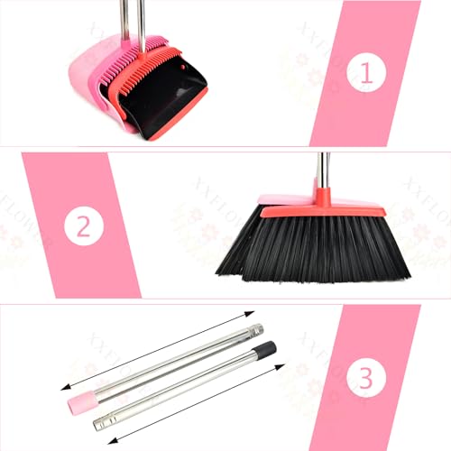 Broom and Dustpan Set, Dustpans with Broom Combo for Home, Heavy Dust Broom and Dustpan Combo, Long Handle Dust Pan and Broom Set for Kitchen, Office, Pet Hair,Pink, Pack of 1 - color: Pink