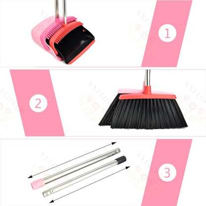 Broom and Dustpan Set, Dustpans with Broom Combo for Home, Heavy Dust Broom and Dustpan Combo, Long Handle Dust Pan and Broom Set for Kitchen, Office, Pet Hair,Pink, Pack of 1 - color: Pink