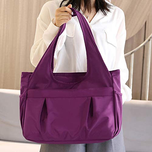 Tote Bag for Women Nylon Lightweight Large Handbag Purses Multi-pocket Shoulder Bag for Work Travel - color: Purple