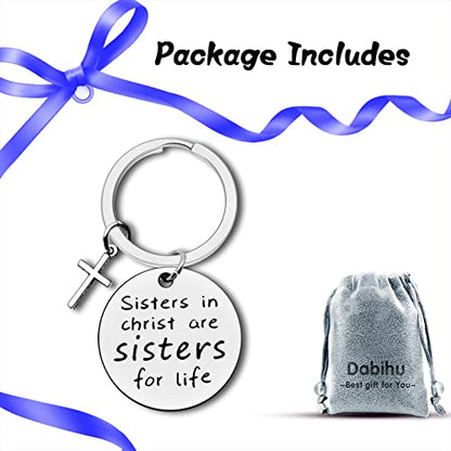 Dabihu Christian Gift Keychain Religious Gift Bible Verse Keyring Baptism Christmas Easter Birthday First Communion Gift - color: Silver Keychain for Sisters in Christ Are Sisters for Life