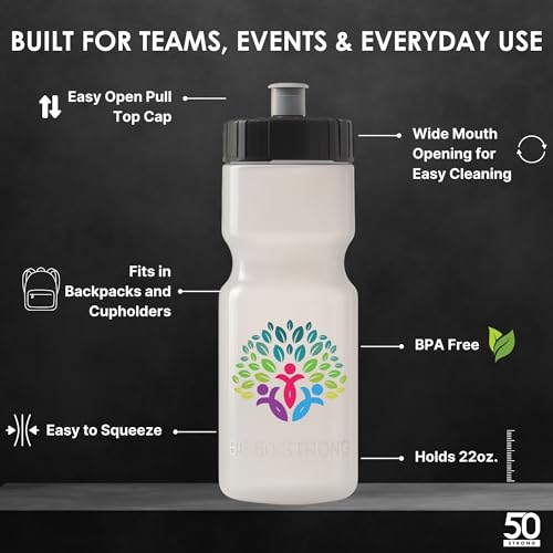 50 Strong | Custom Water Bottles, 24-Pack, 22 oz, Personalized, Logo Ready - color: Custom