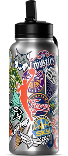Hydrapeak WNBA Officially Licensed All-Team Sticker Print Logo 32oz Insulated Water Bottle with Straw Lid and Handle, Stainless Steel Travel Tumbler for Passionate WNBA Fans, Drinks Stay Cold 24 Hours - color: WNBA, size: 32 Ounces