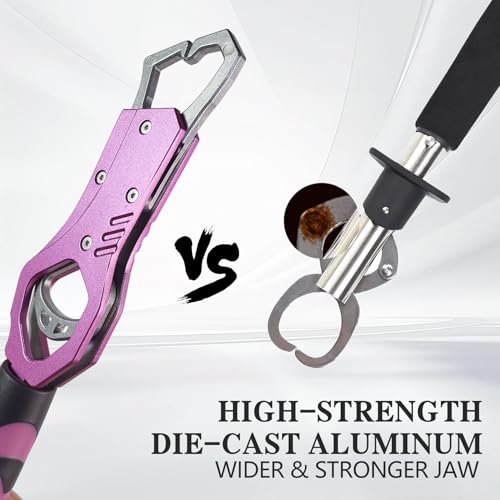 Eupheng 11.8'' Heavy-Duty Fish Gripper with Scale Rustproof Aluminum Body, Non-Slip Rubber Handle, Built-in Weight Estimator & Wrist Lanyard - color: Pink
