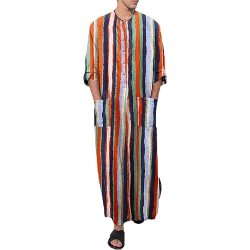Lu's Chic Men's Kaftan Robe 3/4 Sleeve Long Gown Cotton House Coat Buttons Night Shirt Vintage Thobe Full Length with Pockets - color: Orange, size: Small
