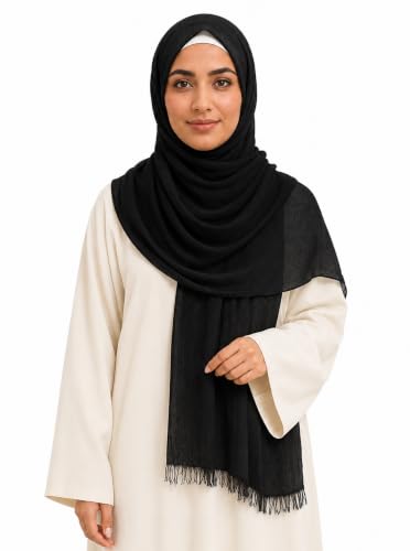 Cotton Linen Plain Hijab Scarf For Women,Muslim Viscose Crinkle Edge With Fringe,Summer Beach Wrap Headwraps Shawl - color: 1#black