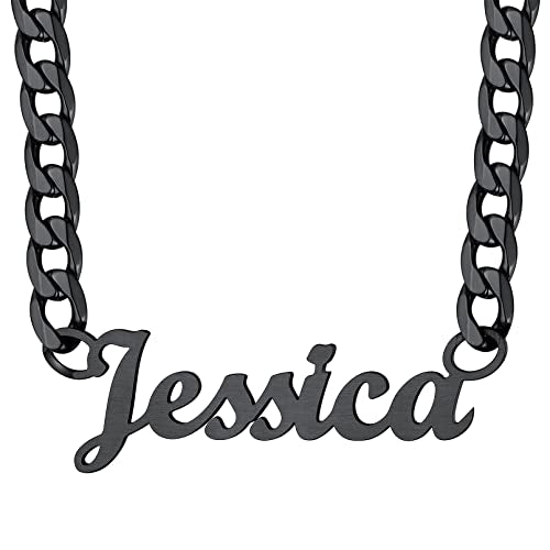 Custom4U Personalized Cuban Link Chain for Women, Silver/Black/Gold Plated Stainless Steel Cuban Chain Men Names Necklace, Customized Gift for Her(with Gift Box) - color: C-03-Black, size: 18 Inches
