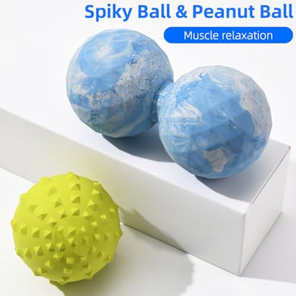 Peanut & Spiky Massage Ball Set, Double Lacrosse Peanut Roller + Firm Spiky Ball for Deep Tissue Myofascial Release, Trigger Point Therapy, Plantar Fasciitis & Muscle Recovery (Blue Mix White+Yellow) - color: Blue Mix White+yellow