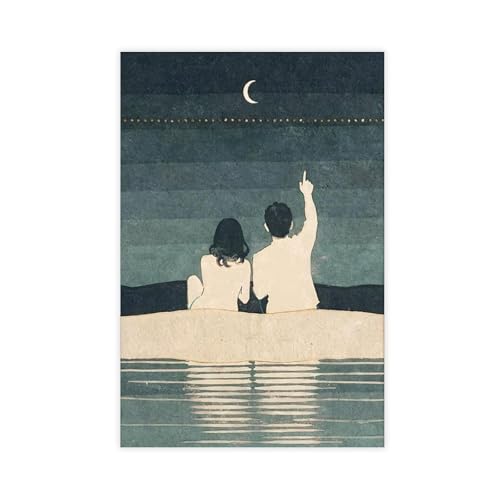 ZXZHE Romantic Couple Under Crescent Moon Teal Cream Minimalist Stars String Lights Se Canvas Poster Wall Art Prints Room Aesthetic Murals Bedroom And Living Decorations 20" L X 30" W - color: Unframe-style, size: 20"L x 30"W