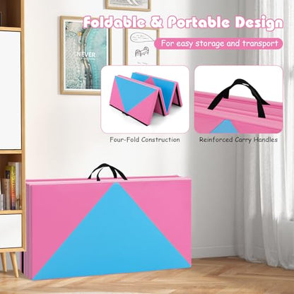 Goplus Gymnastics Mat, Folding Tumbling Mat with Carry Handles, Hook & Loop Fasteners, 4 Panels for Fitness Exercise Yoga Stretching Aerobics Workouts, Thick Gym Mats for Home - color: Blue&Pink