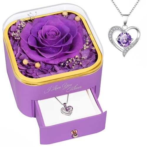 Beferr Birthday Gifts for Women Preserved Real Rose with Necklace Eternal Roses Forever Flowers for Delivery Anniversary Mothers Gifts for Mom Her Grandma Wife Sister from Daughter Son - color: Ld Purple