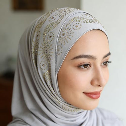 Muslim Women Shiny Rhinestone Hijab Head Wrap Long Scarf Shawl - color: Grey