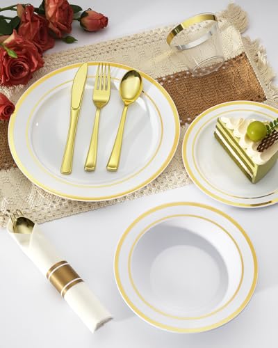 BESTVIP 400PCS Gold Plastic Dinnerware Set, Disposable Party Supplies for 50 Guests - Include 100 Plates, 50 Leak-Proof Soup Bowls, 50 Pre Rolled Napkins with Gold Silverware, 50 Cups - color: White & Gold, size: 50 Guests