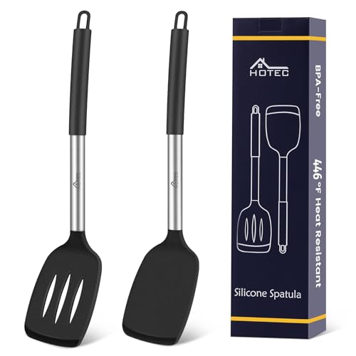 HOTEC Silicone Spatula Set of 2, High Heat-Resistant & BPA-Free Kitchen SaptulaTurner with Stainless Steel Handles, Slotted & Solid Spatulas for Nonstick Cookware, 13.7 Inch, Black - color: Black
