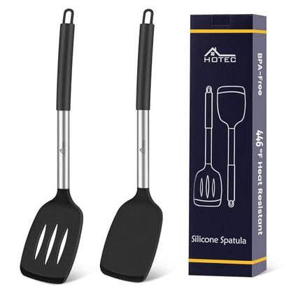 HOTEC Silicone Spatula Set of 2, High Heat-Resistant & BPA-Free Kitchen SaptulaTurner with Stainless Steel Handles, Slotted & Solid Spatulas for Nonstick Cookware, 13.7 Inch, Black - color: Black