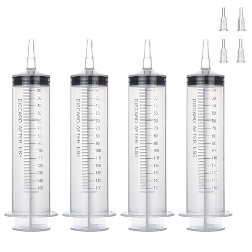4 Pack 150mL Syringes for Liquid - Large Garden Syringe with Tip Adapter for Liquids, Oil, Watering Plants, Refilling, Measuring, Leak-Proof Design