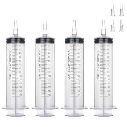 4 Pack 150mL Syringes for Liquid - Large Garden Syringe with Tip Adapter for Liquids, Oil, Watering Plants, Refilling, Measuring, Leak-Proof Design