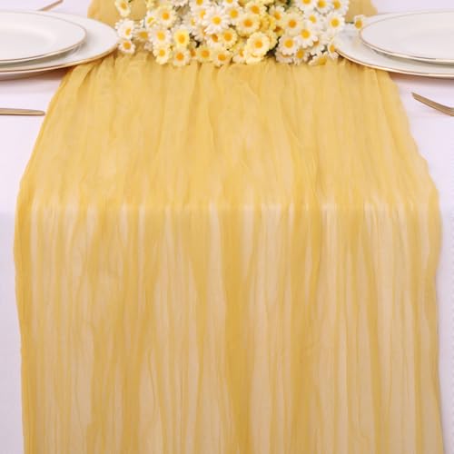 Yellow Gauze Table Runner 10ft Rustic Cheese Cloth Table Runner Boho Style Decoration for Romantic Date Wedding Party Baby Shower Photography Decoration - color: Yellow, size: 10 ft × 1 pc