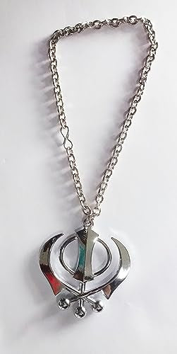 BEXCO Sikh Khanda Sahib Metal Car Hanging Rear View Mirror Show Piece - Complete with Chain (8 cm, Silver) - color: Silver, size: 8 cm