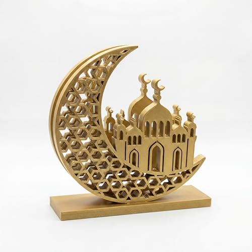 Namalu Eid Gold Napkin Holder for Tables Classical Islamic Ramadan Holiday Napkin Holder Wooden Crescent Moon Dome Minaret Ramadan Kareem Tissue Dispenser Mubarak Wood Tissue Dispenser for Storage - color: Gold, style: Eid Crescent Moon