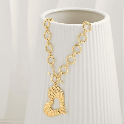 POTESSA 18K Gold Plated Pendant Necklace Medallion Coin Heart Y Shaped Chain Toggle Necklace for Women Jewelry - color: Gold Statement Heart
