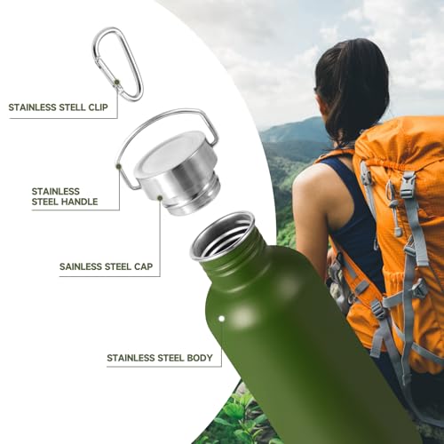 Volhoply 32oz Uninsulated Single Walled Water Bottle, Stainless Steel Sports Water Bottles with Handle, BPA Free Lightweight Water Bottles for Hiking, Biking, Running（Army Green,1） - color: Army Green