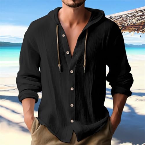 Linen Shirts for Men Casual Button Shirt Summer Cotton Linen Hoodie Beach Long Sleeve Shirts Top with Hood - color: A1-black, size: Small