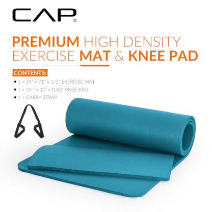 CAP Barbell 1/2-Inch High Density Exercise Yoga Mat with Strap | Multiple Options - color: Teal, style: Yoga Mat w/Knee Pad