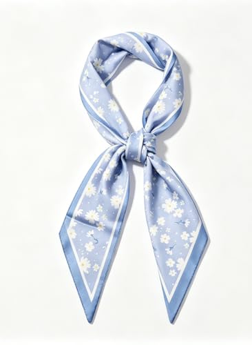 Silky Satin Long Skinny Head Scarf for Women - Neck Hair Scarf, Purse Bag Belt Accessory, Silk Feeling, 57"x5" - color: Sky Blue Floral 04