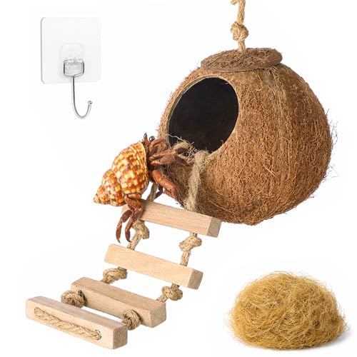 HERCOCCI Gecko Tank Accessories, Hermit Crab Toys Coconut Shell | Natural Coconut Husk Hut with Climbing Ladder with Suction Cup for Leopard Gecko Snake Reptiles