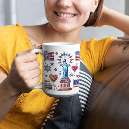 Custom Name Statue Of Liberty White Mug, Customized American Patriotic Full Wrap Mug, Personalized Independence Day Coffee Cup, USA Themed Ceramic Cup 11oz 15oz, Fourth Of July Mug - color: XUA-1124-3660-Fourth Of July Mug