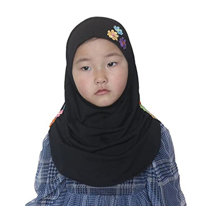 Girls Instant Hijab – Soft Kids Muslim Scarf with Flower, Breathable One-Piece Headscarf for Toddlers Age 2-8 - color: Black 1