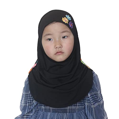 Girls Instant Hijab – Soft Kids Muslim Scarf with Flower, Breathable One-Piece Headscarf for Toddlers Age 2-8 - color: Black 1
