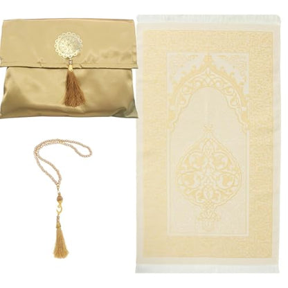 3pcs Set Muslim Prayer Rug with Tasbih and Portable Bag, Soft Mat Gift Set, Turkish Sajadah for Ramadan, Eid, Hajj, Travel, (Coffee) - color: Golden