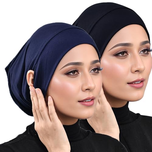 Women Slouchy Beanies Cap Soft Hijab Cap Under Scarf for Women Muslim Jersey Hijab Undercaps - color: Black3+navy3