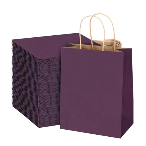 bagmad 100 Pack 8x4.75x10 Inch Plain Medium Paper Bags with Handles Bulk, Kraft Craft Gift Bags, Grocery Shopping Retail Birthday Party Favors Wedding Sacks (Purple) - color: Purple